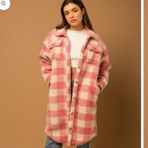 Pink and Cream Plaid Sherpa Shacket
